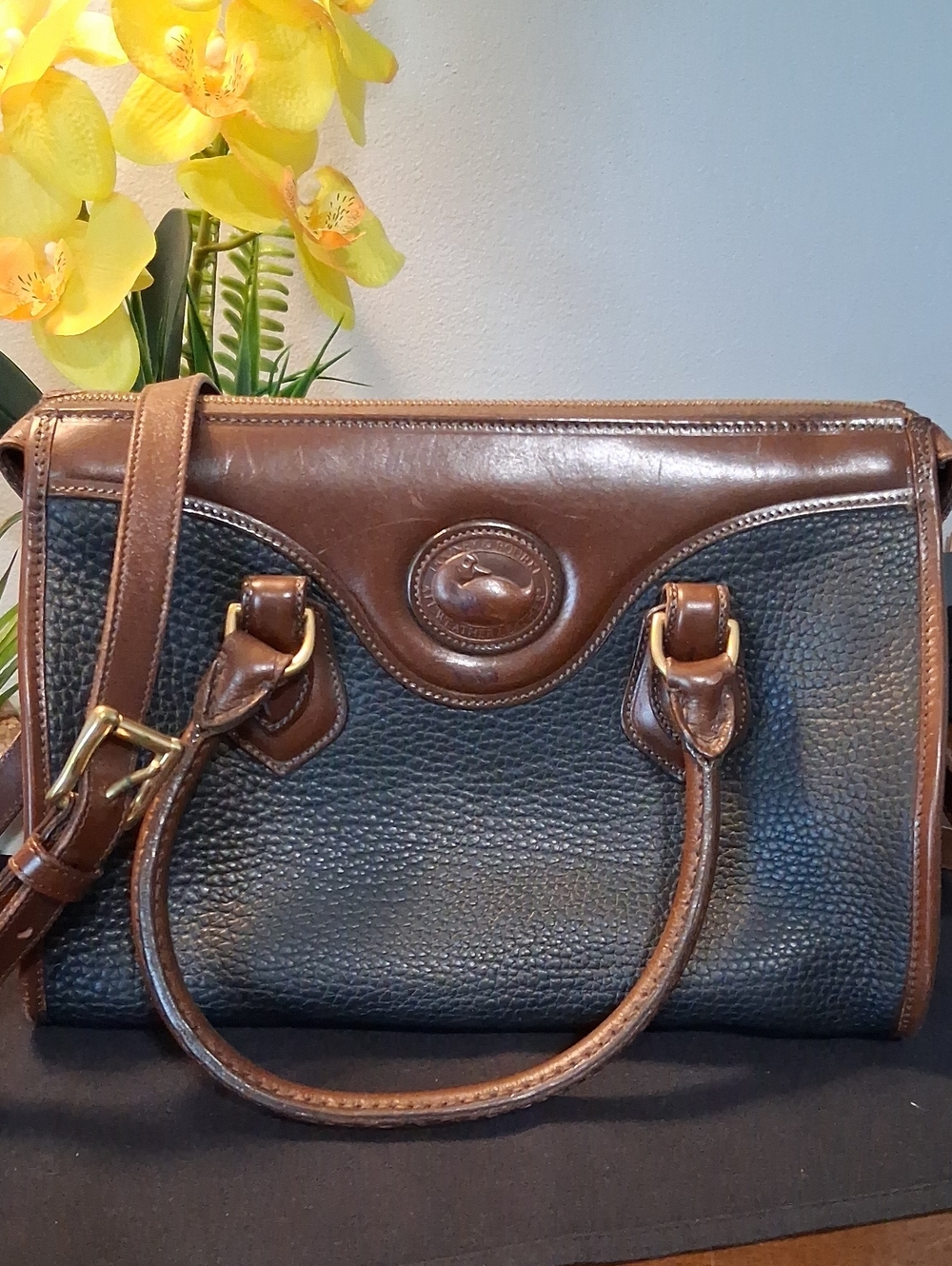 Dooney & Bourke Black Pebbled Leather Satchel with Brown Trim